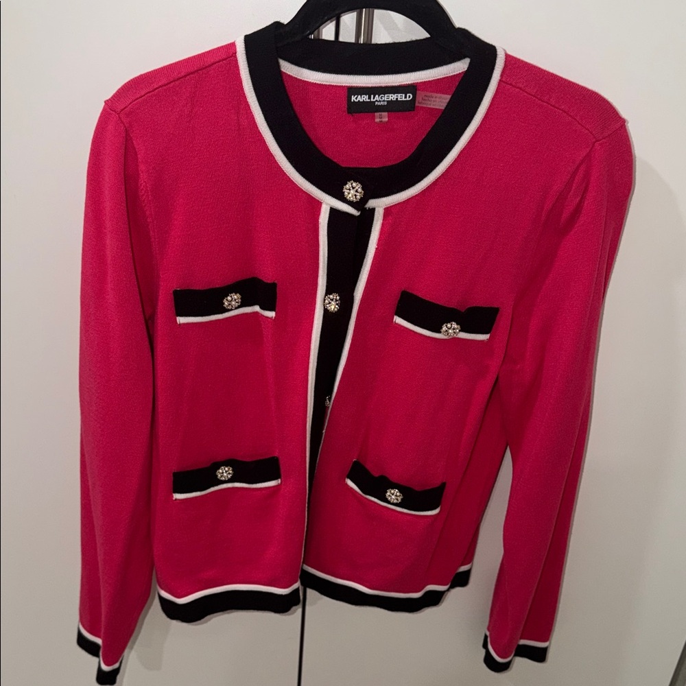 Karl Lagerfeld Fuchsia Cardigan with Black and White Accents